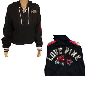 $6🚚 Victoria's Secret Pink BLING Black and Red Hoodie Sequin Floral